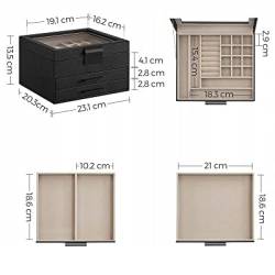 SONGMICS Cutie de bijuterii cu 3 nivele, 2 sertare, capac din sticla si incuietoare, 20x23x14cm, negru