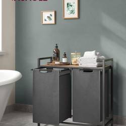 VASAGLE Cos de rufe, 2 compartimente, saci de rufe detasabili, raft, cadru metalic, 2x46L, 73x33x72 cm, maro rustic si gri