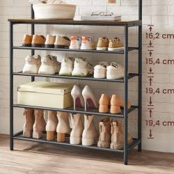 VASAGLE Cuier de hol cu depozitare pentru pantofi, 5 niveluri, 5 carlige duble, raft, 80x31x183cm, industrial, maro rustic si negru