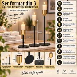 Set 3 suporturi decorative pentru lumanari din metal, tip sfesnic, cu inaltimi de 14, 20 si 25 cm, design elegant pentru decoratiuni festive si realiz