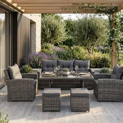 Set mobilier gradina 7 piese, canapea 3 locuri, 2 fotolii, 2 tabureti si masa cu blat sticla, ratan PE, 187x78x85 cm, gri