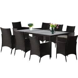 Set mobilier gradina 8 scaune si masa 196x98x73 cm, ratan si cadru otel zincat, blat masa sticla securizata, maro