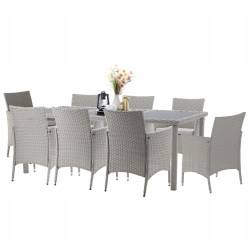 Set mobilier gradina 8 scaune si masa 196x98x73 cm, ratan si cadru otel zincat, blat masa sticla securizata, gri