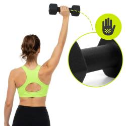 Set gantere din fonta cu invelis neopren, 12 kg cu suport, capete hexagonale, 2x1 kg 2x2 kg 2x3 kg, multicolor