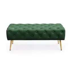 Taburet Monaco, tapitat cu catifea, tip banca, cu picioare metalice, 100x42x41 cm, verde