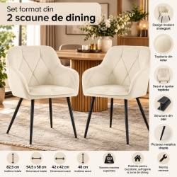 Set 2 scaune dining tapitate din catifea Diamante, 55x58x83 cm, maxim 120 kg, crem