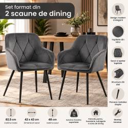 Set 2 scaune dining tapitate din catifea Diamante, 55x58x83 cm, maxim 120 kg, gri grafit