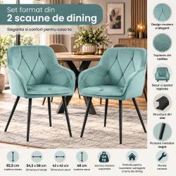Set 2 scaune dining tapitate din catifea Diamante, 55x58x83 cm, maxim 120 kg, turcoaz
