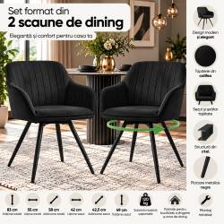 Set 2 scaune dining rotative tapitate din catifea Turno, 55x58x83 cm, maxim 120 kg, negru