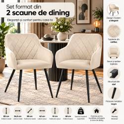 Set 2 scaune de dining din catifea 55x58x82 cm, sezut tapitat, picioare metalice negre, bej