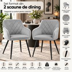 Set 2 scaune dining tapitate Velto, catifea, matlasate cu romburi, 55x58x82 cm, maxim 120 kg, gri