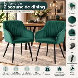 Set 2 scaune dining tapitate din velur Florence, 55x58x82 cm, maxim 120 kg, verde