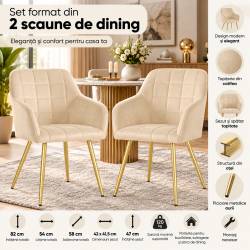 Set 2 scaune de dining din catifea 54x58x82 cm, sezut tapitat, picioare metalice aurii, bej