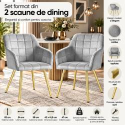 Set 2 scaune de dining din catifea 54x58x82 cm, sezut tapitat, picioare metalice aurii, gri