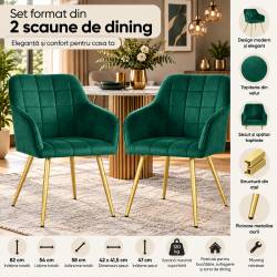 Set 2 scaune dining tapitate cu velur Luxano, cusaturi patrate, picioare aurii, 54x58x82 cm, verde