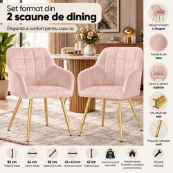 Set 2 scaune dining tapitate cu velur Luxano, cusaturi patrate, picioare aurii, 54x58x82 cm, roz