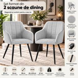 Set 2 scaune dining tapitate cu velur Luxano, cusaturi patrate, 54x58x82 cm, gri deschis
