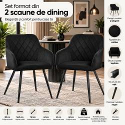 Set 2 scaune dining tapitate Velto, catifea, matlasate cu romburi, 52x58x82 cm, maxim 120 kg, negru
