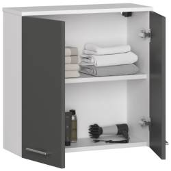 Dulap baie suspendat, cu 2 usi si 1 raft interior, PAL 16 mm, 60x23x60 cm, alb si gri