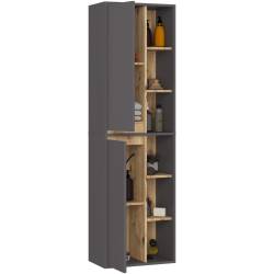 Dulap de baie suspendat cu 2 usi si 6 rafturi, PAL 16 mm, 50x30x170 cm, gri si stejar artisan