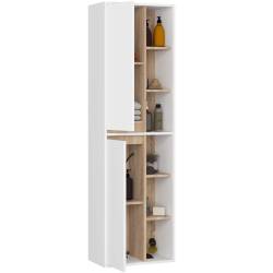 Dulap de baie suspendat cu 2 usi si 6 rafturi, PAL 16 mm, 50x30x170 cm, alb si stejar sonoma