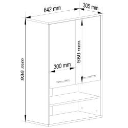 Dulap baie suspendat, cu 2 usi si 2 rafturi deschise, PAL 16 mm, 64x30x94 cm, alb si stejar sonoma