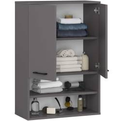 Dulap baie suspendat, cu 2 usi si 2 rafturi deschise, PAL 16 mm, 64x30x94 cm, gri