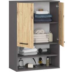 Dulap baie suspendat, cu 2 usi si 2 rafturi deschise, PAL 16 mm, 64x30x94 cm, gri si stejar artisan