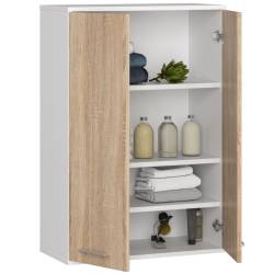 Dulap baie suspendat, cu 2 usi si 4 rafturi interioare, PAL 16 mm, 64x30x94 cm, alb si stejar sonoma