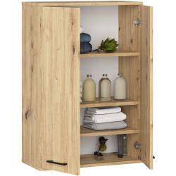 Dulap baie suspendat, cu 2 usi si 4 rafturi interioare, PAL 16 mm, 64x30x94 cm, stejar artisan