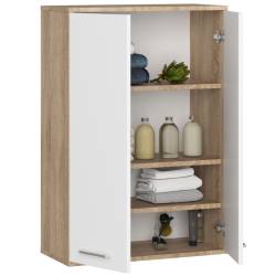 Dulap baie suspendat, cu 2 usi si 4 rafturi interioare, PAL 16 mm, 64x30x94 cm, stejar sonoma si alb