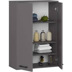 Dulap baie suspendat, cu 2 usi si 4 rafturi interioare, PAL 16 mm, 64x30x94 cm, gri grafit