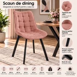 Scaun tapitat, din velur, picioare metalice, maxim 125 kg, 48x60x87 cm, roz pudrat