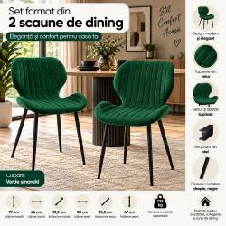 Set 2 scaune tapitate, din velur, picioare metalice, maxim 125 kg, 44x52x77 cm, verde