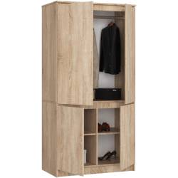 Dulap cu 4 usi, rafturi si bara pentru umerase, PAL laminat, 90x51x180 cm, stejar sonoma