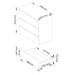 Noptiera cu 3 sertare, PAL laminat 16 mm, 60x35x57 cm, alb si stejar sonoma