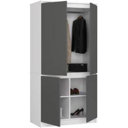 Dulap cu 4 usi, rafturi si bara pentru umerase, PAL laminat, 90x51x180 cm, alb si gri grafit