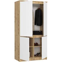 Dulap cu 4 usi, rafturi si bara pentru umerase, PAL laminat, 90x51x180 cm, stejar artisan si alb