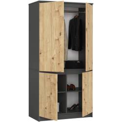 Dulap cu 4 usi, rafturi si bara pentru umerase, PAL laminat, 90x51x180 cm, gri grafit si stejar artisan