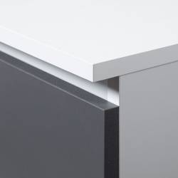 Birou colt dreapta in L cu 3 sertare si rafturi, PAL laminat 16 mm, 155x85x77 cm, alb si gri