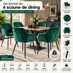 Set 6 scaune tapitate, Diamant, velur matlasat, 55x58x83 cm, verde smarald