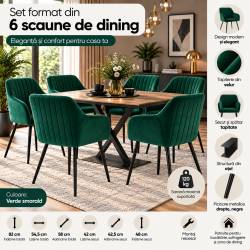 Set 6 scaune tapitate, Florence, velur matlasat, 55x58x82 cm, verde smarald