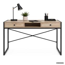 Birou stil industrial, MDF melaminat, cu 2 sertare si raft, cadru metalic, 123x48x81 cm, stejar sonoma