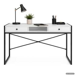 Birou stil industrial, MDF melaminat, cu 2 sertare si raft, cadru metalic, 123x48x81 cm, alb