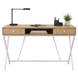 Birou stil industrial, MDF melaminat, cu 2 sertare si raft, cadru metalic, 120x50x81 cm, stejar artisan