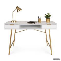 Birou industrial, MDF melaminat, cu 2 sertare si raft, cadru metalic, 120x50x81 cm, alb cu elemente auriu