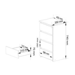 Comoda cu 4 sertare, PAL laminat 16mm, 40x35x74 cm, stejar artisan si alb