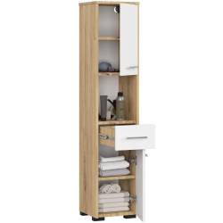 Dulap baie tip coloana cu 2 usi, 1 sertar si rafturi interioare, PAL laminat, 30x30x140 cm, stejar artisan si alb