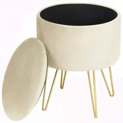 Taburet tapitat rotund Lili cu spatiu de depozitare, velur, 35x35x45 cm, crem