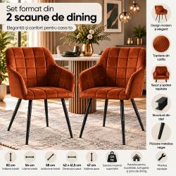 Set 2 scaune dining tapitate cu catifea Luxano, cusaturi patrate, 54x58x82 cm, aramiu